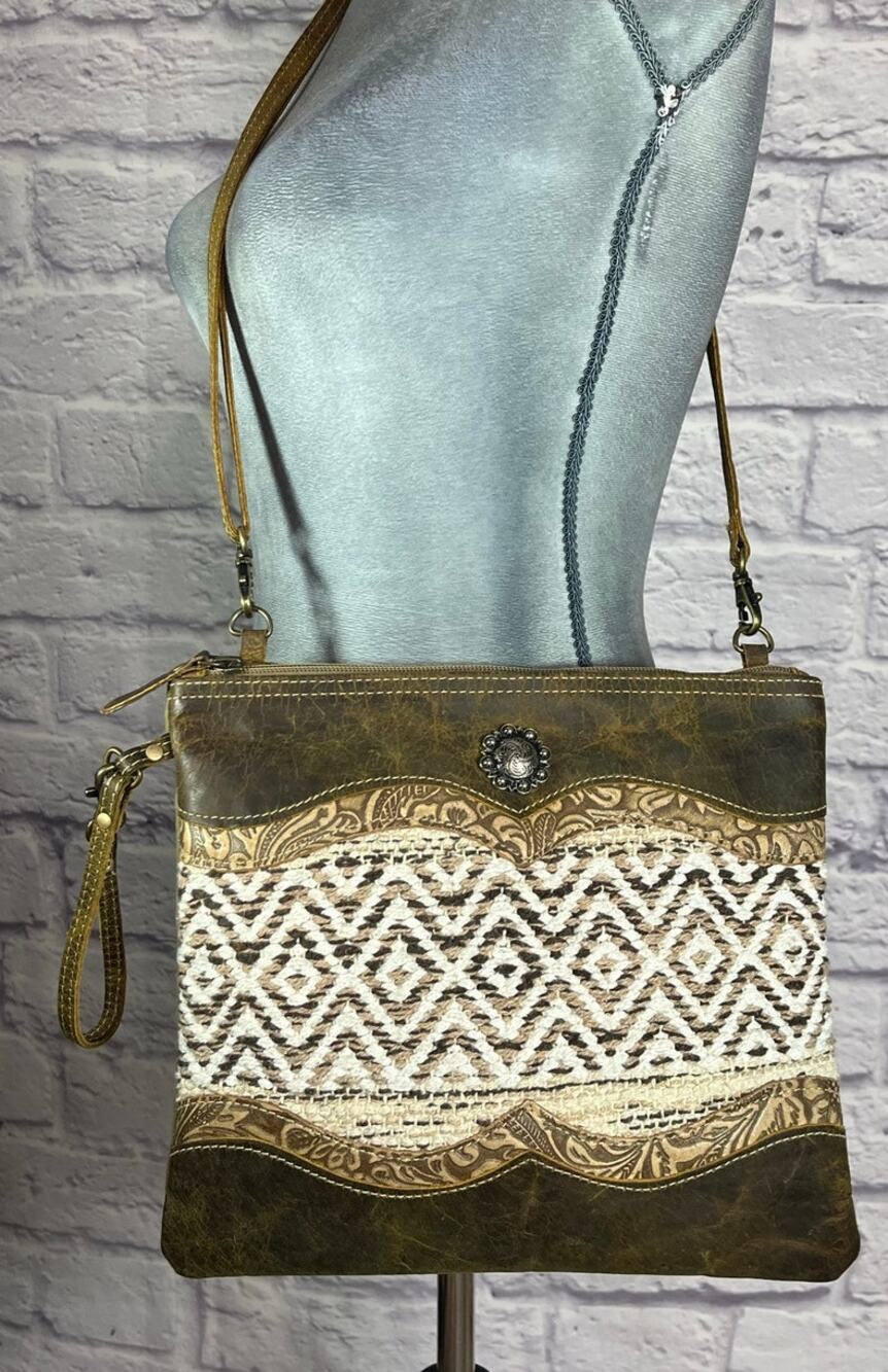Tooled Leather and Woven Fabric/Canvas Rustic Western Myra Crossbody Bag